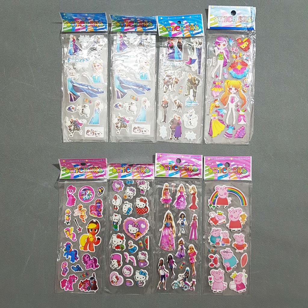 Combo 5 tấm hình dán sticker hoạt hình elsa pony kitty công chúa khủng long xe hơi spiderman