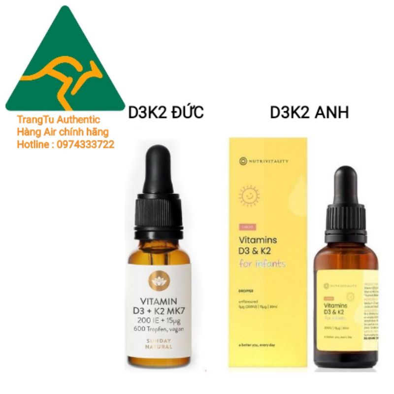 Vitamin D3 K2 MK7 Sunday Natural 20ml của Đức,Vitamin D3K2 MK7 Anh Quốc 30ml