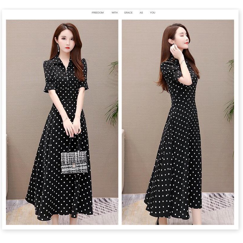 đầm xòe châm bi tay lỡ cổ sơ mi QC265303