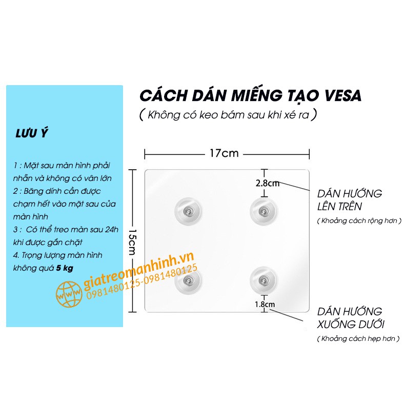 Tấm Dán Siêu Chắc Tạo Ốc VESA - Lắp Đặt Cùng Giá Treo Màn Hình Máy Tính- Dùng Cho Màn Hình 17 - 27 Inch Không Có Lỗ Ốc