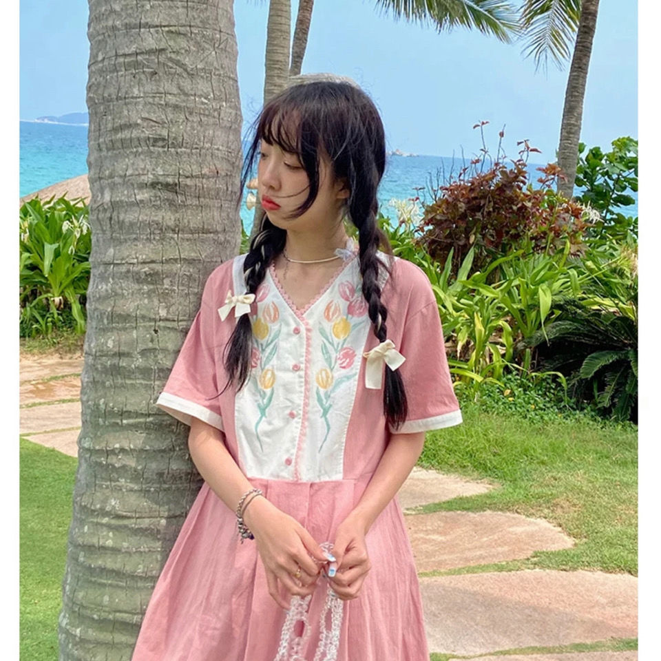 Đầm suông tay ngắn in hình hoa Tulip thời trang Hàn Quốc cho nữ