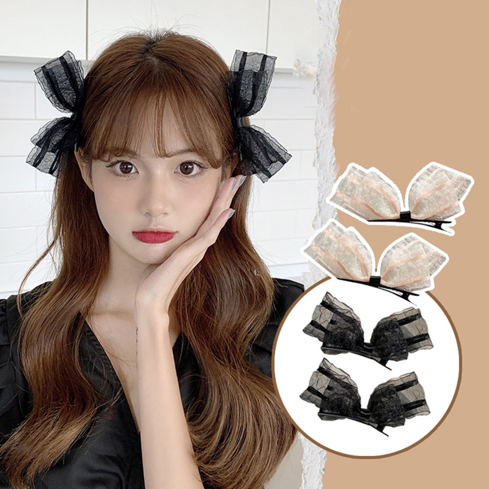 1 cặp kẹp tóc đính nơ phối ren lưới thêu họa tiết xinh xắn cho nữ