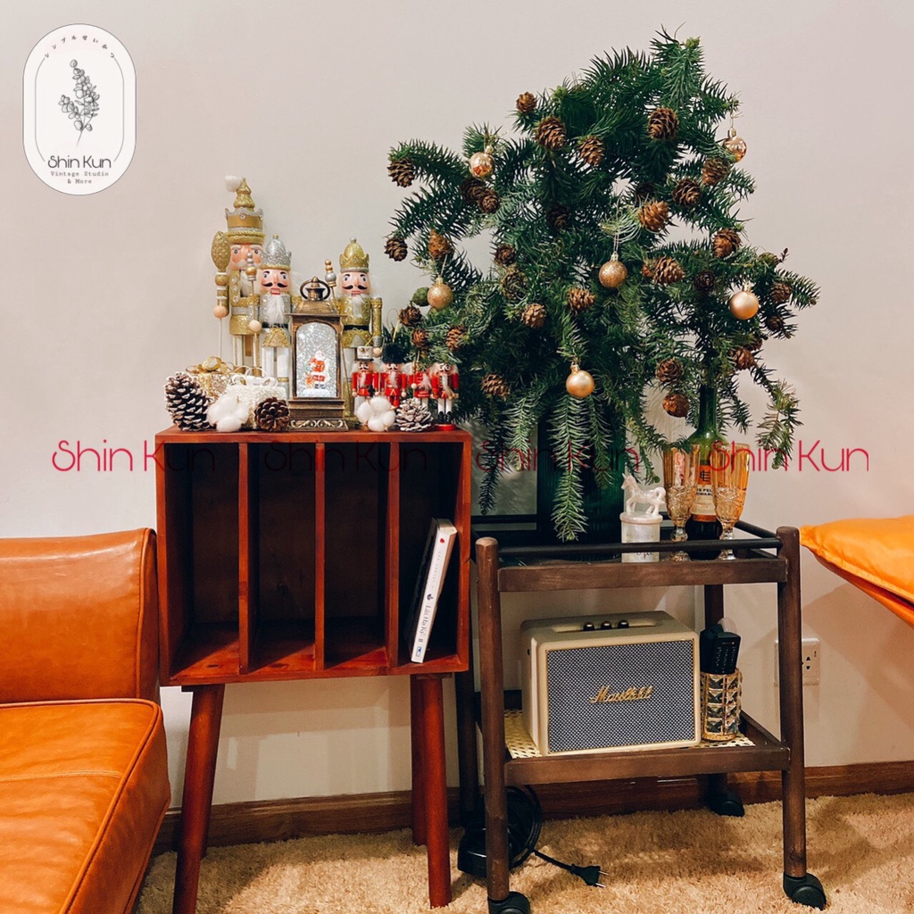 Kệ Gỗ 2 Tầng Đa Năng Có Bánh Xe Decor Phòng Khách Kiểu Vintage Retro SS16