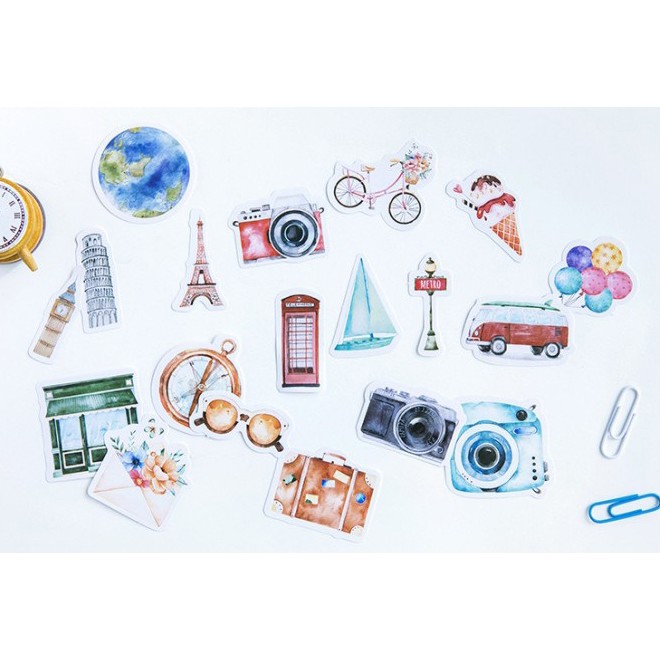 Hộp 46 miếng sticker mẫu du lịch và máy ảnh