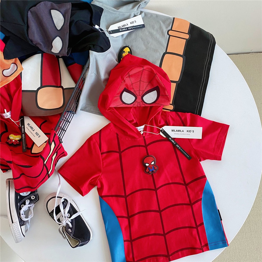 Áo Thun Ngắn Tay Có Mũ Trùm Đầu Họa Tiết Người Nhện Marvel Thời Trang Mùa Hè Cho Bé Trai