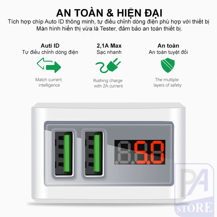 Củ Sạc Nhanh 2 Cổng Có Màn Hình Hiển Thị Volt-Ampe - Hàng Chính Hãng OLAF