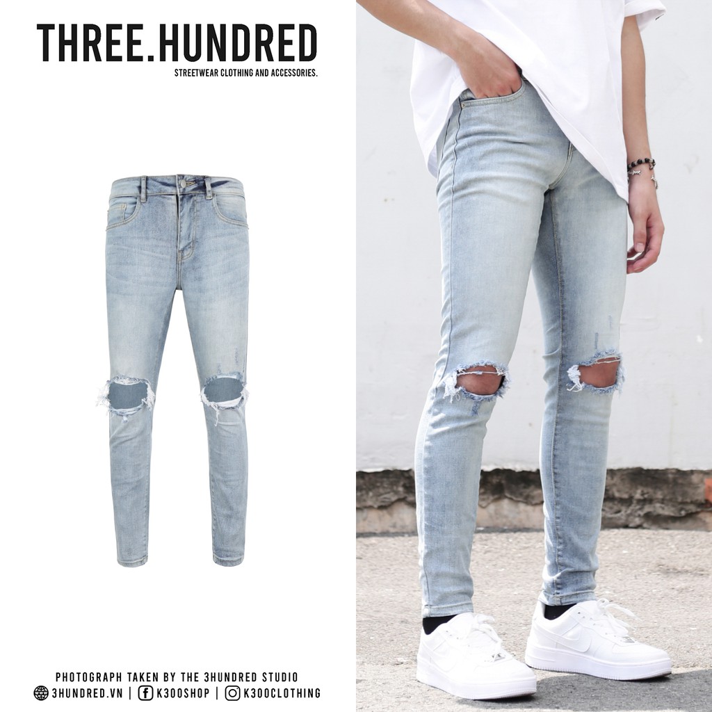 Quần Skinny Jeans Nam-Màu Xanh Nhạt-Rách Gối-Chất Liệu Cotton Co Giãn-Ống Đứng Dáng-Ống Ôm Chân Chuẩn Skinny | BigBuy360 - bigbuy360.vn