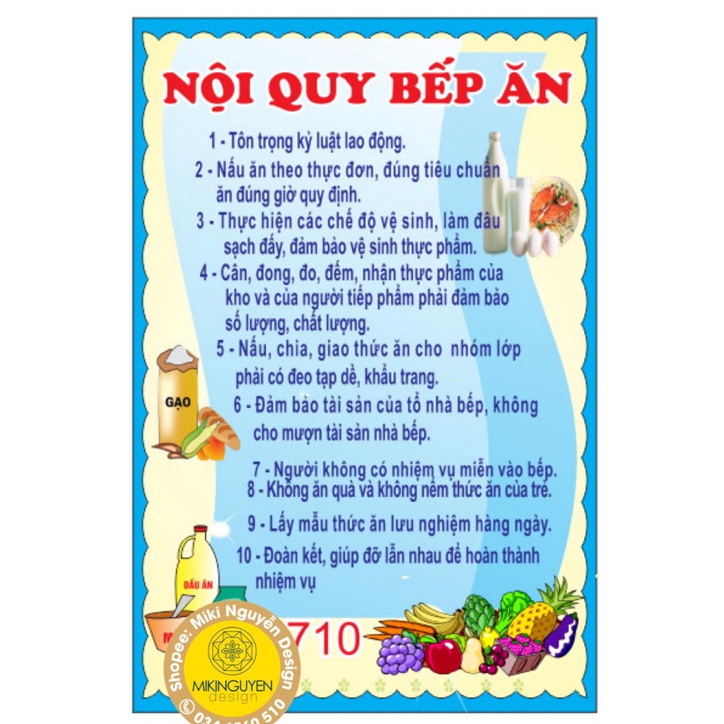 Nội quy nhà bếp, bảng biểu mầm non theo quy định chất liệu decal dán KT 80 x 100cm; 100x120cm
