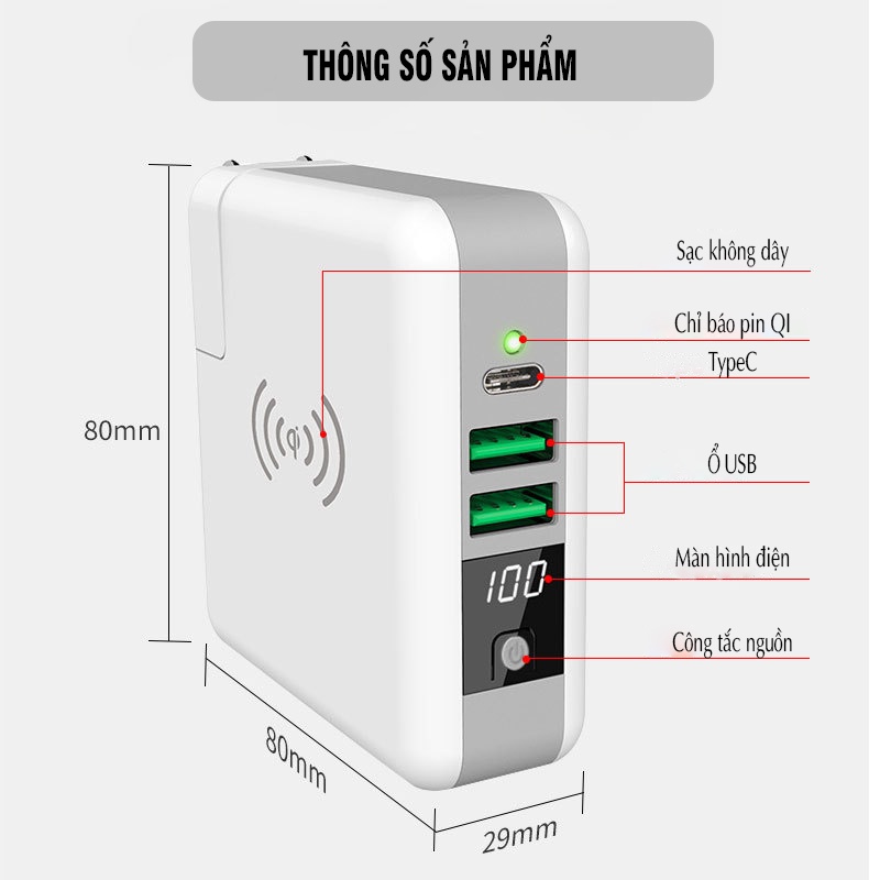 Sạc Dự Phòng Không Dây KOEN Sạc Dự Phòng Dung Lượng 6700 3 Đầu Ra Chất Liệu Nhựa ABS