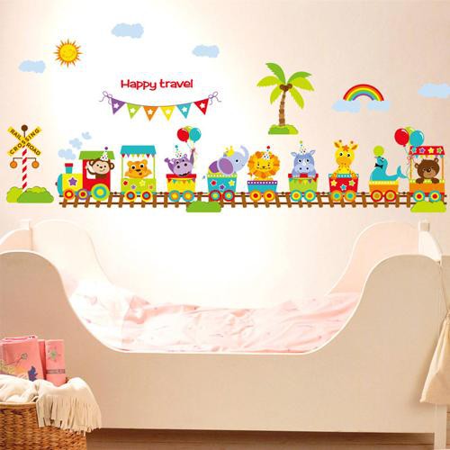 Combo 2 tranh dán tường cho bé,decal dán tường cho bé các con vật dưới biển và đoàn tàu