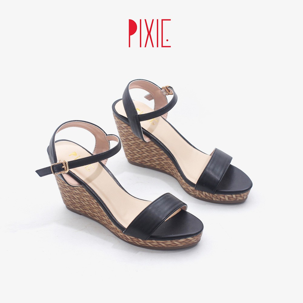 Giày Sandal Đế Xuồng 7cm Quai Ngang Đế Đan Tre Màu Đen Pixie X451