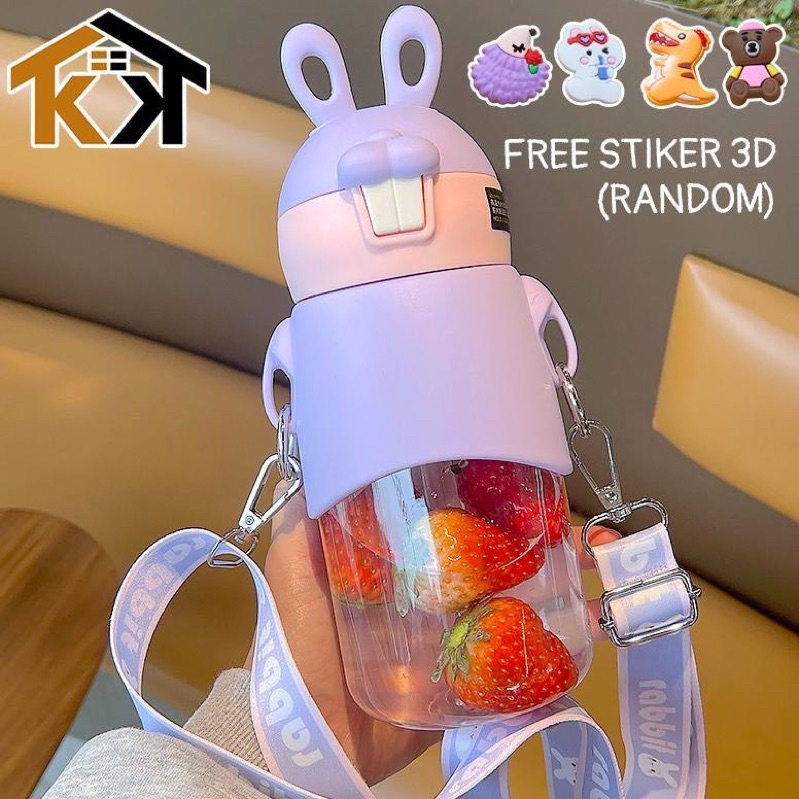 Bình giữ nhiệt tai thỏ 500ml cho bé có ống hút và quay đeo
