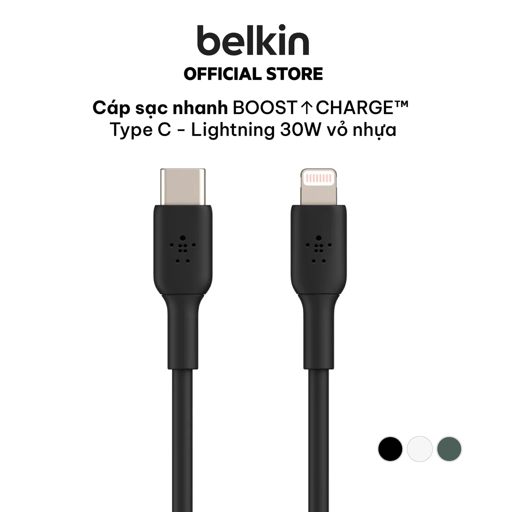 Cáp USB-C to Lightning BOOST CHARGE Belkin vỏ nhựa, chứng chỉ MFi, sạc nhanh 30W - Hàng chính hãng - CAA003bt