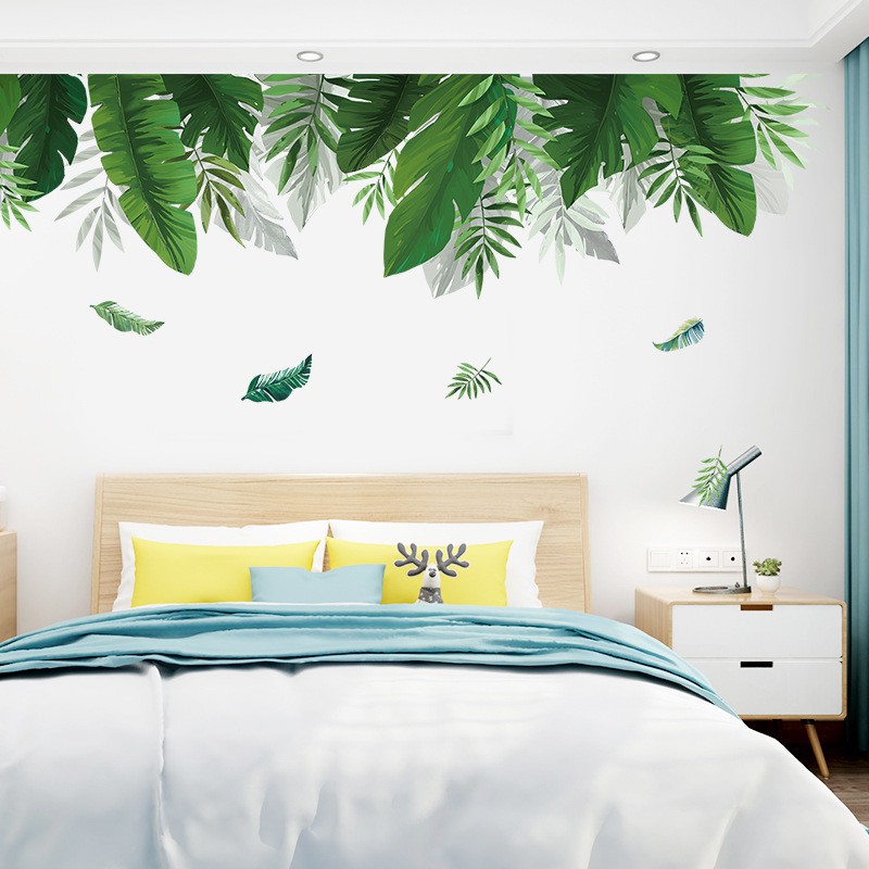 Decal dán tường lá xanh nhiệt đới không gian phòng thư giãn, sinh động dán được trên kính, gỗ