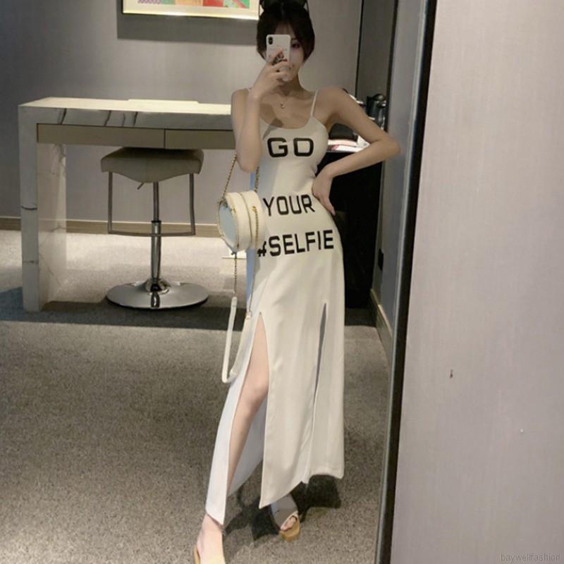 [Baywellfashion]Đầm sát nách dây mảnh hoạ tiết chữ thiết kế xẻ quyến rũ | BigBuy360 - bigbuy360.vn