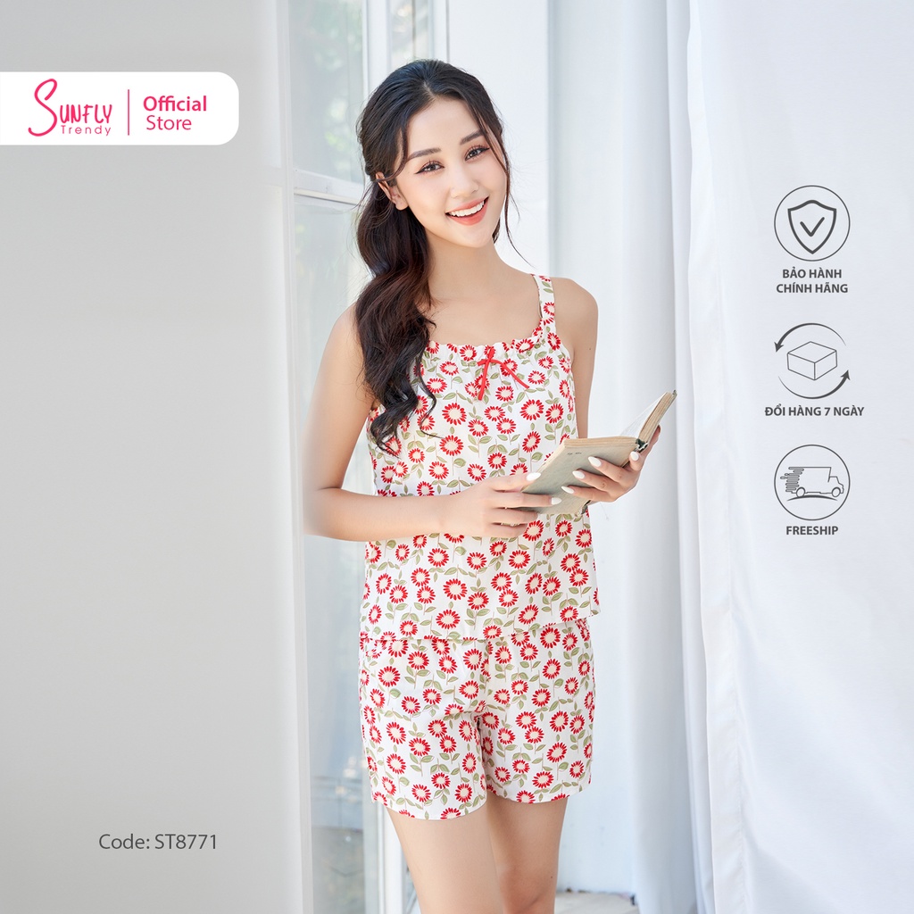 Bộ mặc nhà nữ pijamas lanh SUNFLY áo hai dây, quần sooc ST8771