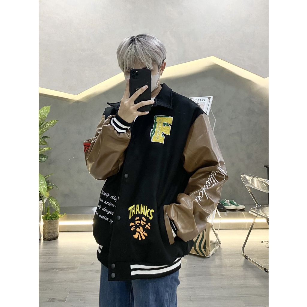 Áo Khoác Bomber Varsity Tiger Phối Tay Da Thêu Full Nam Nữ Unisex Chất Nỉ Dạ Lót Dù