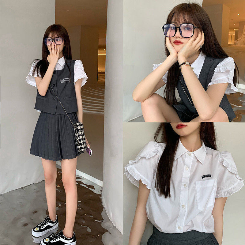 IMAODOU Set Áo Sơ Mi Tay Ngắn Áo Ghi Lê Chân Váy Đen Xếp Ly Thời Trang Nữ