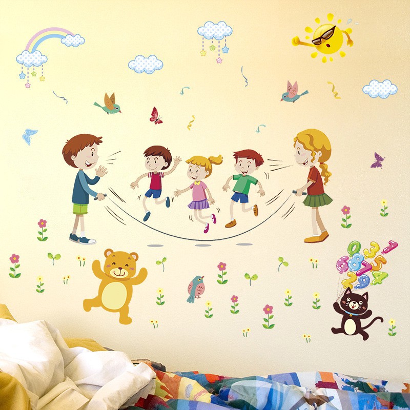 Decal dán tường bé nhảy dây
