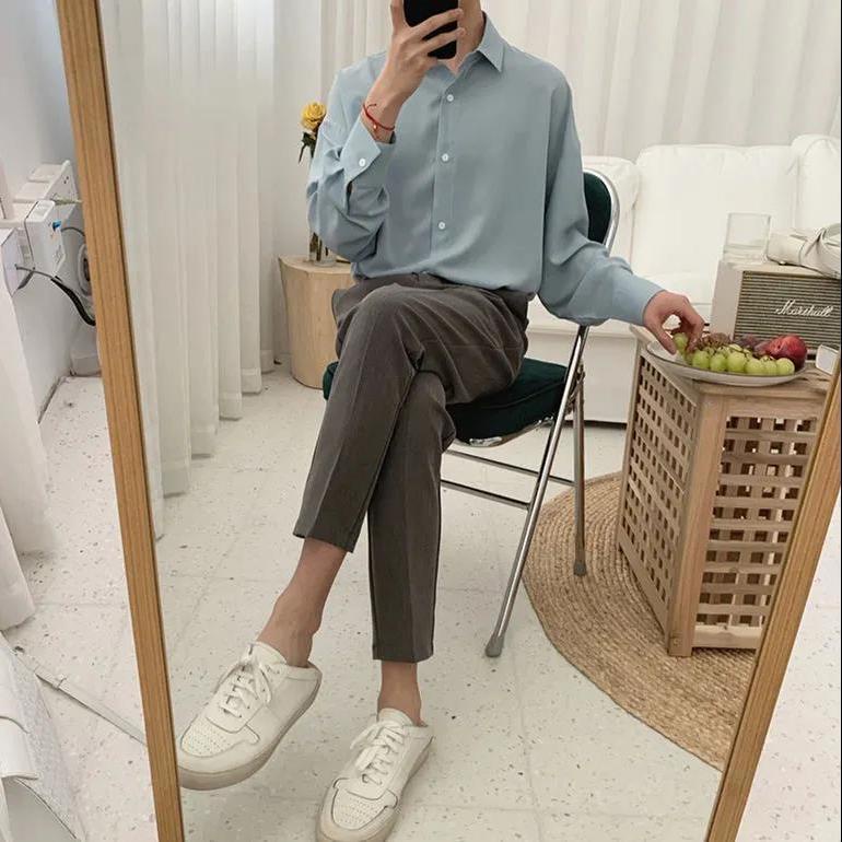 Áo Sơ Mi Tay Dài Chất Liệu Lụa Mỏng Thời Trang Mùa Hè Phong Cách Hàn Quốc Cho Nam