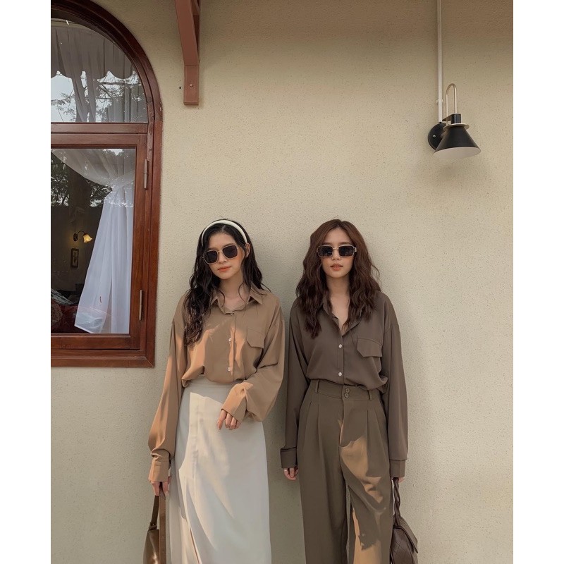 Sơ mi lụa dày túi ngực kèm đai eo