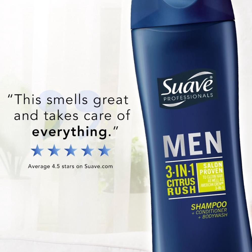 Suave men dầu gội xả tắm nam citrus rush 3-in-1 shampoo, conditioner, body wash hương chanh 828ml