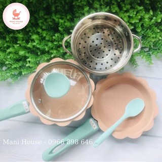 Bộ Nồi Chảo Ăn Dặm Đá Hình Hoa, Quánh Chống Dính Nấu Cháo, Bộ Nồi Ăn Dặm Cho Bé Tặng Kèm Lồng Hấp Và Thìa Silicon