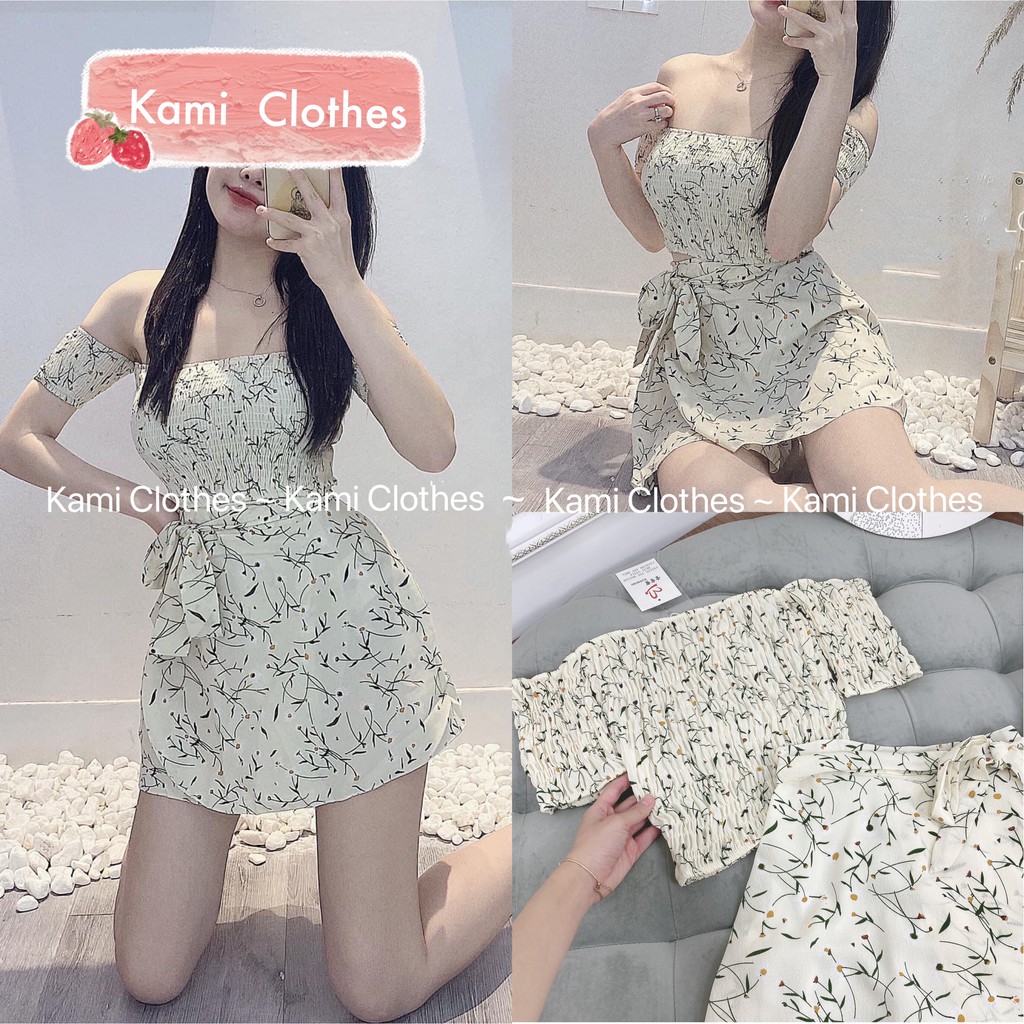 Set áo croptop hoa trễ vai chun và chân váy vạt chéo 2 lớp Ulzzang Quảng Châu - Kami Clothes | BigBuy360 - bigbuy360.vn
