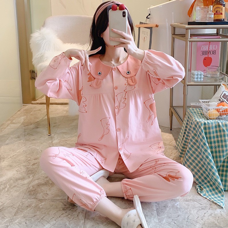 Bộ bầu có vén ngực cho béti sau sinh - bộ mặc nhà - chất liệu cotton kiểu Hàn Quốc họa tiết lá sen tai gấu