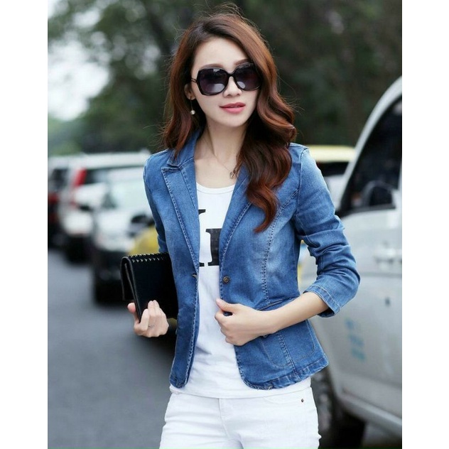 Áo khoác jean nữ cổ vest thanh lịch, áo bò blazer tay dài - KHV