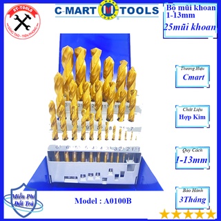 Bộ 25 mũi khoan sắt  1-13mm A0100B C-Mart Tools chuẩn DIN 338 phủ Titan