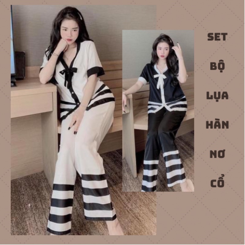 Set Bộ Lụa Hàn Nơ Cổ Tay Ngắn Quần Dài