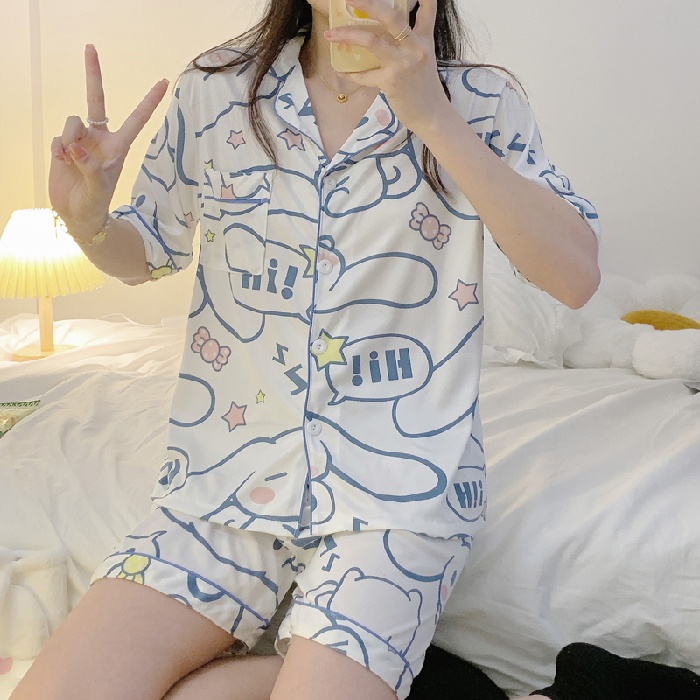 Bộ Đồ Ngủ Cotton Tay Ngắn In Họa Tiết Hoạt Hình / Kẻ Ô Dành Cho Nữ