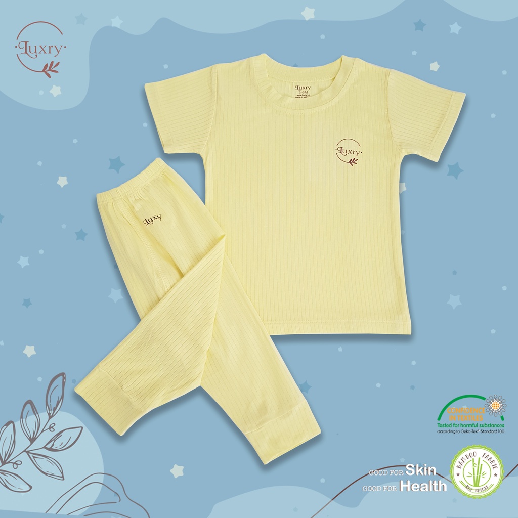 Bộ quần áo Quần dài áo ngắn tay sợi tre vân thương hiệu Luxry mềm mại đáng yêu cho bé từ 3 tháng đến 3 tuổi