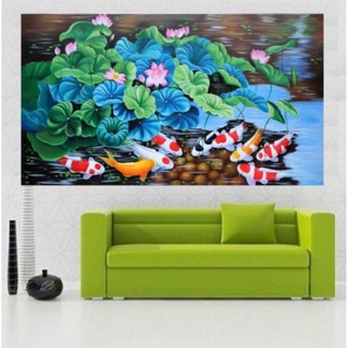 Tranh đính đá Cá chép Hoa Sen - kích thước 120x65cm ( chưa đính đá)