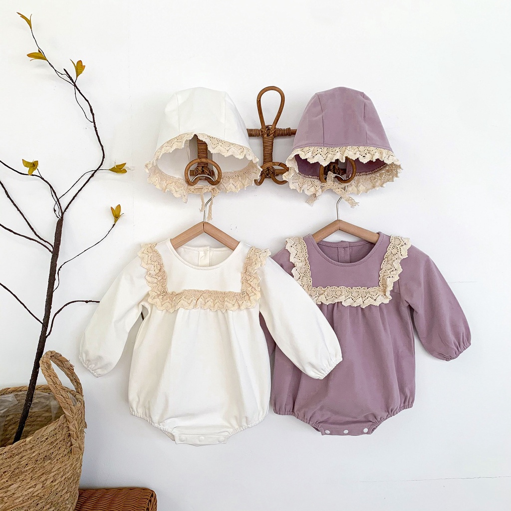 Bộ áo liền quần tay dài phối ren + mũ viền ren chất liệu cotton dễ thương cho bé gái sơ sinh 0-2 tuổi
