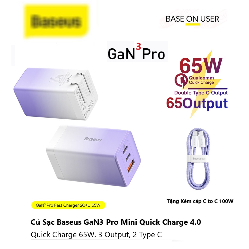 Bộ sạc nhanh Baseus GaN5 Pro 100W /GaN5 Pro 65W Quick Charger (Kèm cáp sạc C to C 100W) cho Smartphone/ Tablet/ Laptop