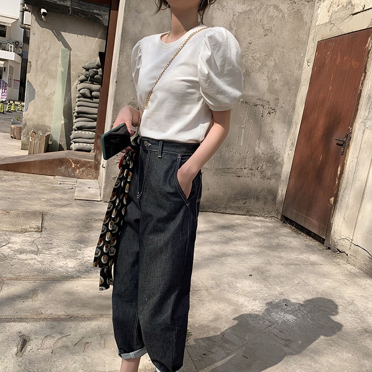 Áo thun cotton tay ngắn phồng cổ tròn màu trắng thời trang dành cho nữ