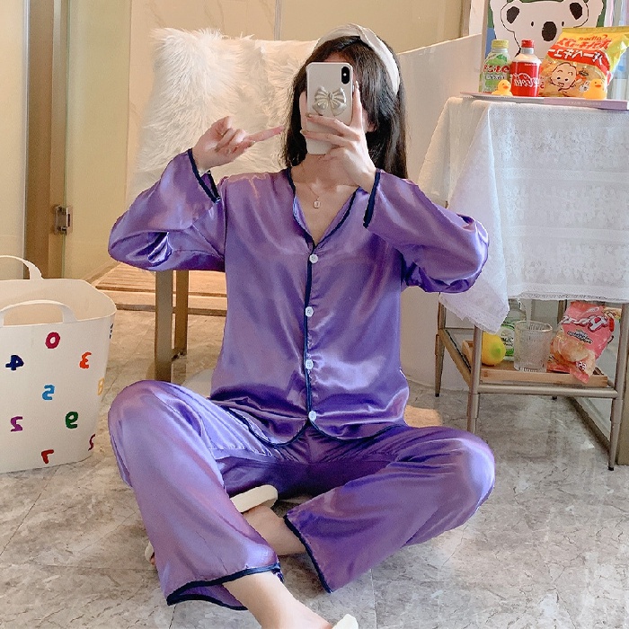 Set Đồ Ngủ Pijama Dài Tay Chất Phi Bóng Cho Nữ