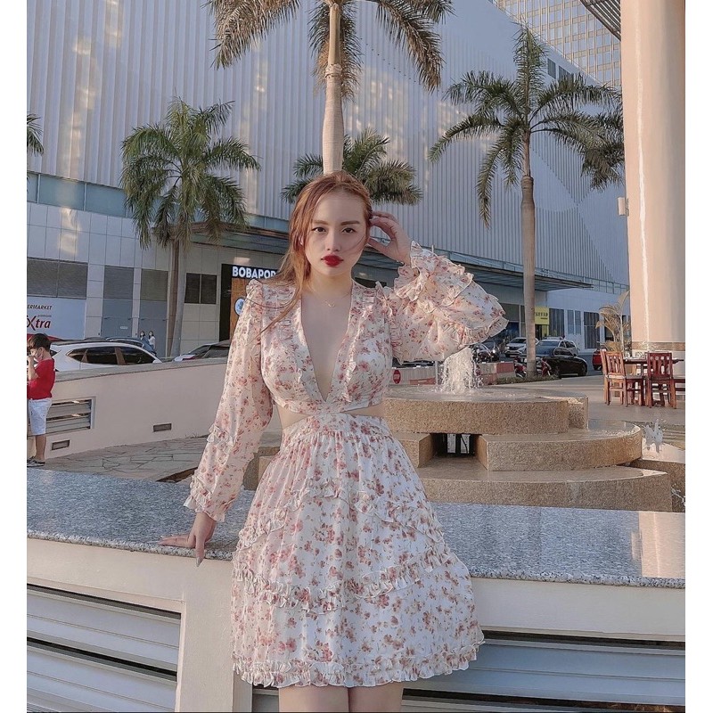 Đầm hoa cổ v phối bèo cutout eo 🌪