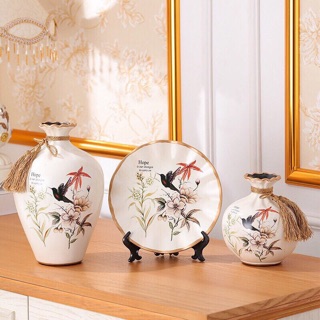 Set 3 bộ lọ và đĩa decor trang trí bằng gốm sứ kèm kệ kê đĩa