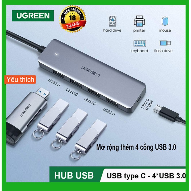 Bộ chia Hub USB Type C to 4 Port USB 3.0 Ugreen 70336 Chính Hãng CM164 (trợ nguồn MicroUSB) Vỏ Nhôm