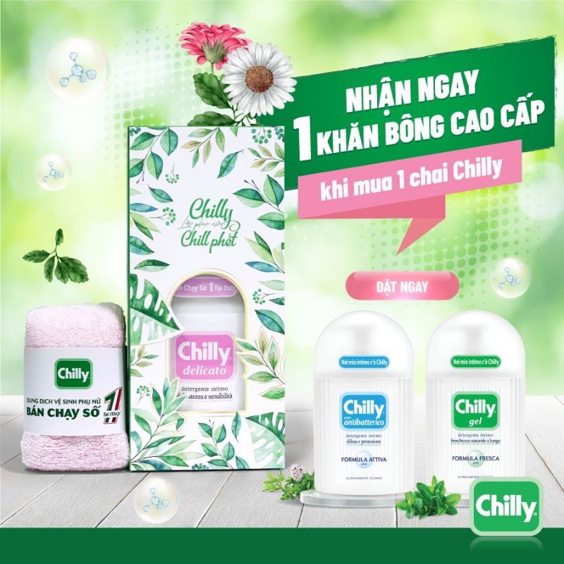 Dung dịch vệ sinh Phụ Nữ Chilly 200ml se mát, mềm mại, dịu êm số 1 tại Ý (Chilly Gel - xanh , Chilly Delicato - hồng)