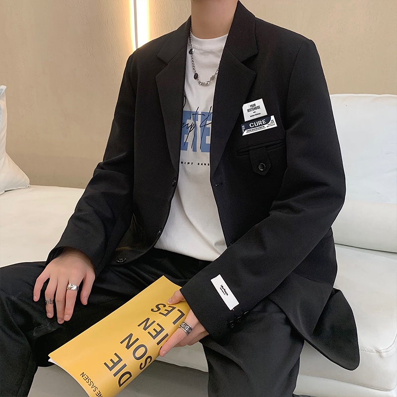 ♞AFF LIGA♞ Áo khoác blazer tay dài dáng rộng màu trơn phong cách Hàn Quốc cho nam