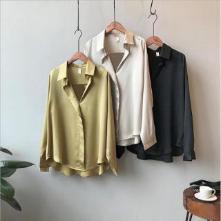 Áo sơ mi dài tay cổ chữ V màu trơn cho nữ