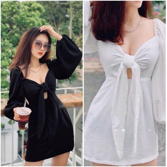 Đầm tay phồng xoắn nơ ngực - Han Dress
