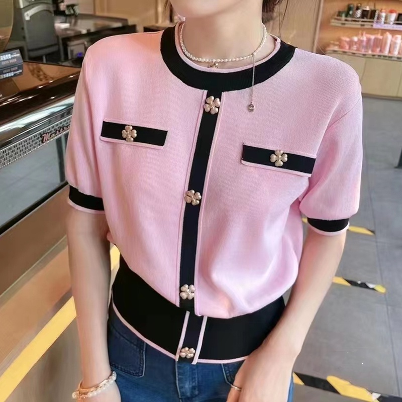 SUXI Áo Thun Dệt Kim Tay Ngắn Cổ Tròn Màu Sắc Tương Phản Phong Cách Vintage Dành Cho Nữ