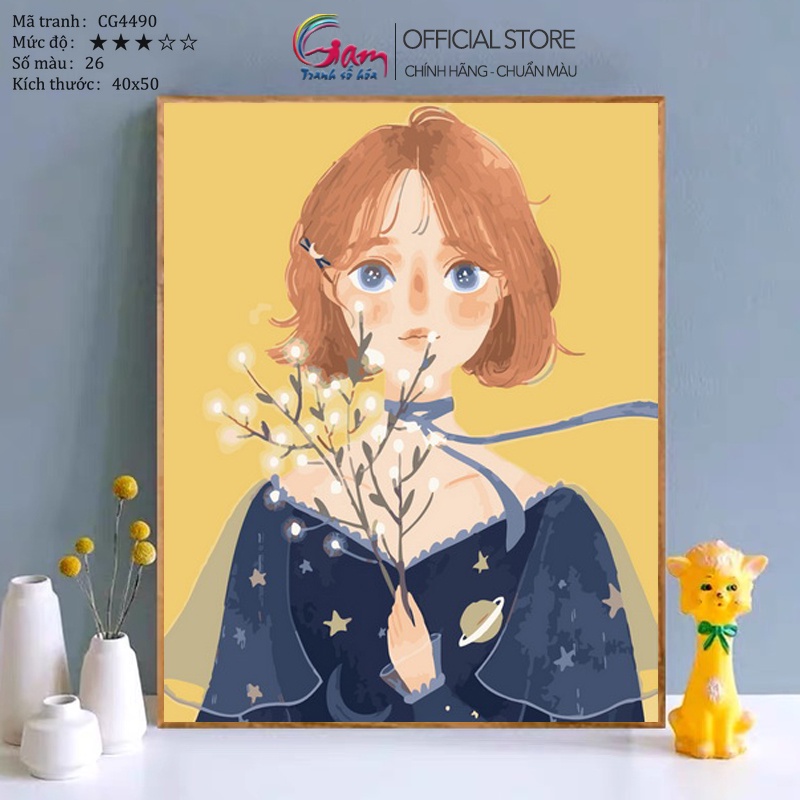 Tranh tự tô màu theo số cô gái hoa GAM nâng cấp lọ màu to 5ml kèm 2 bộ cọ CG4490