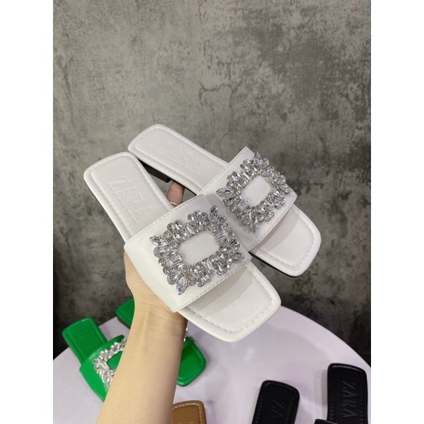 dép lê nữ quai ngang đính hoa đá da lì cao cấp