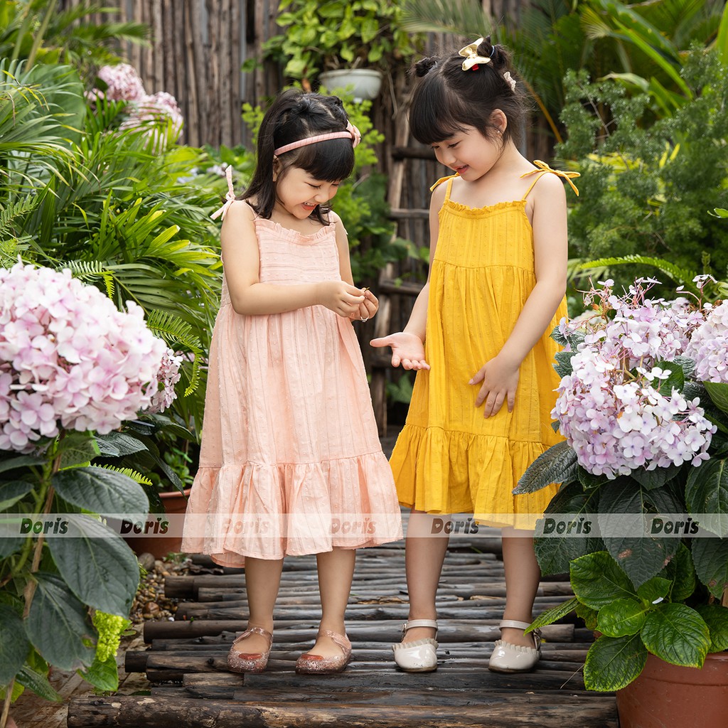 Đầm Bé Gái Hai Dây Dáng Maxi Hai Màu Vàng Hồng Doris Kids